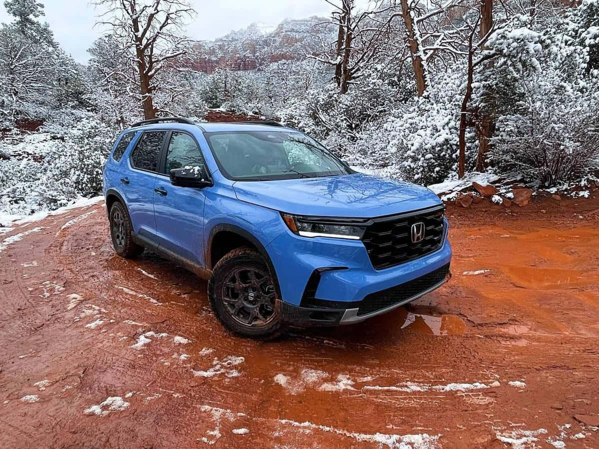Honda Pilot 桌布 壁紙 — 一輛充滿活力的藍色本田SUV在白雪覆蓋的紅色岩石小徑上行駛，周圍是灑滿白雪的常青樹。