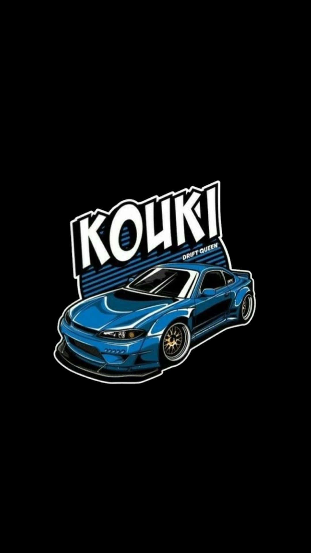 藍色甩尾車圖案，黑色背景上帶有「KOUKI DRIFT QUEEN」文字。 — 4K Jdm 壁紙