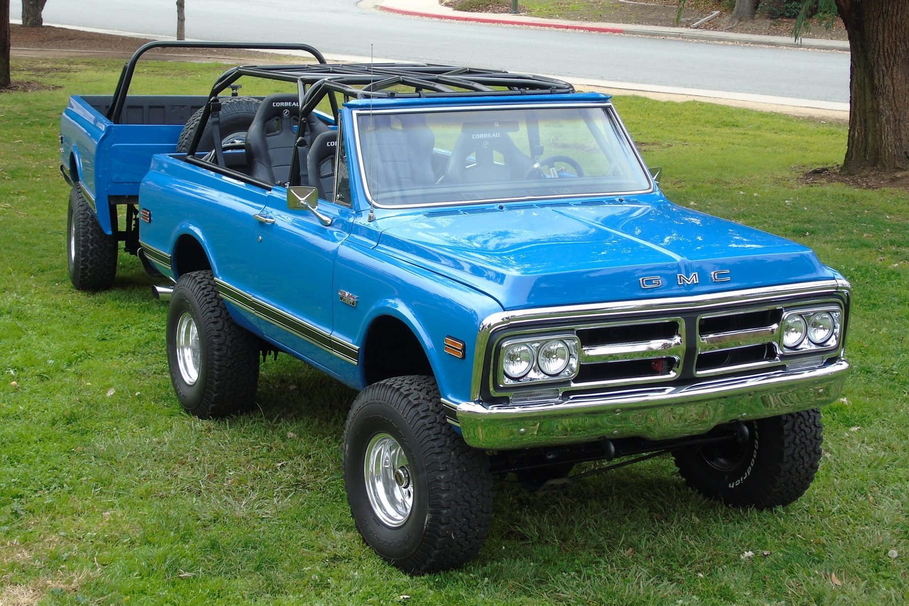 Gmc Jimmy 桌布 壁紙 — 一輛充滿活力的藍色經典GMC皮卡車，帶有鍍鉻格柵和超大輪胎，停放在樹附近的草地上。