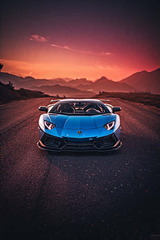 Stunning Lamborghini Car 4K 壁紙 — 一輛充滿活力的藍色藍寶堅尼 Aventador SVJ Roadster 在日落時分面向蜿蜒的山路，天空呈現火熱的橙色和紫色。
