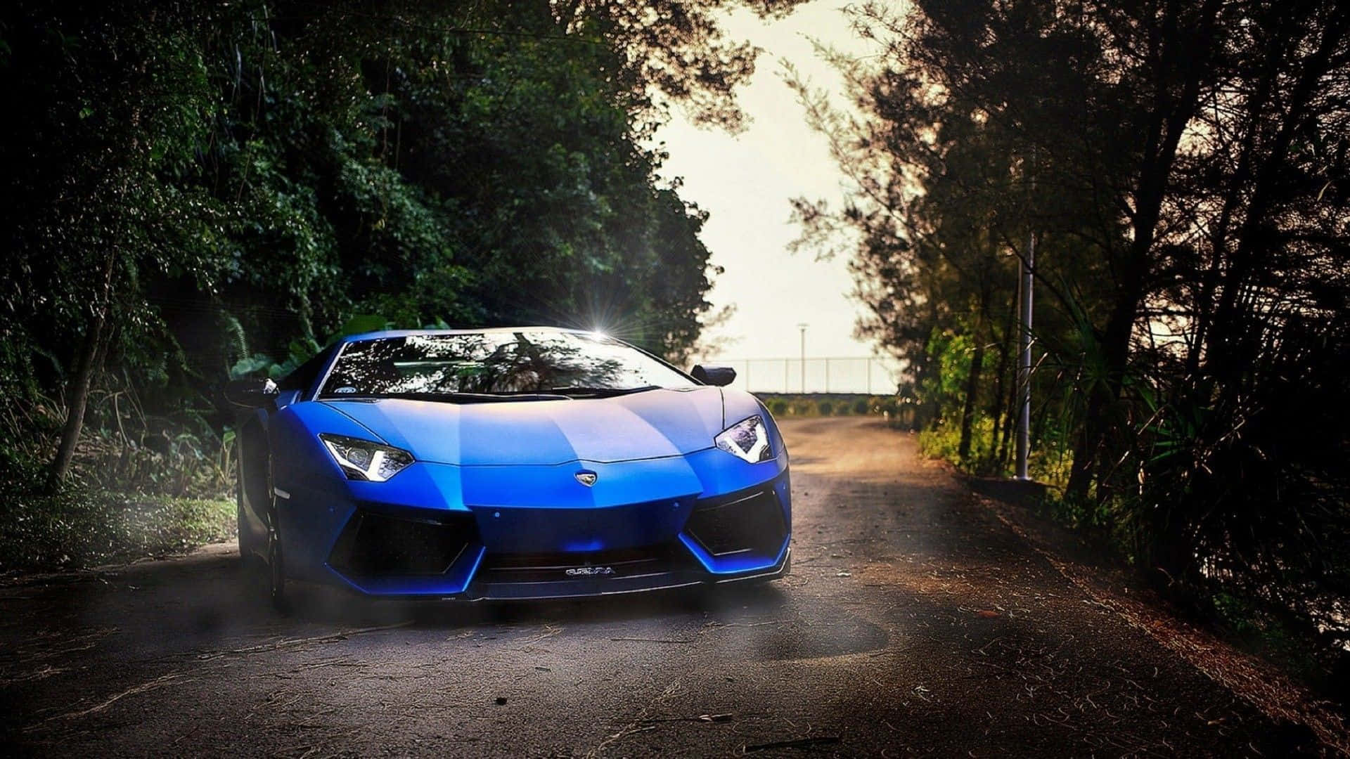跑車 桌布 壁紙 — 一輛充滿活力的藍色藍寶堅尼 Aventador SVJ 停泊在陽光明媚的森林道路上，樹木框住了整個場景。