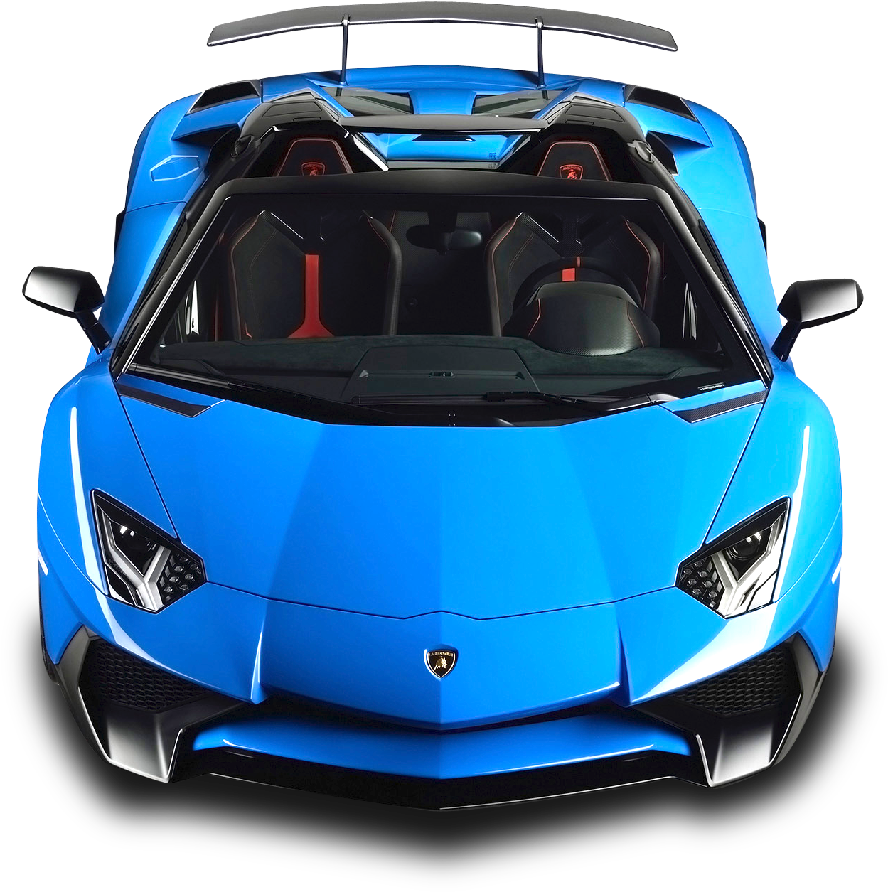 蘭博基尼 桌布 壁紙 — 一輛充滿活力的藍色藍寶堅尼Aventador敞篷跑車，配備紅色內裝和黑色飾邊，從正面觀看，背景為黑色。