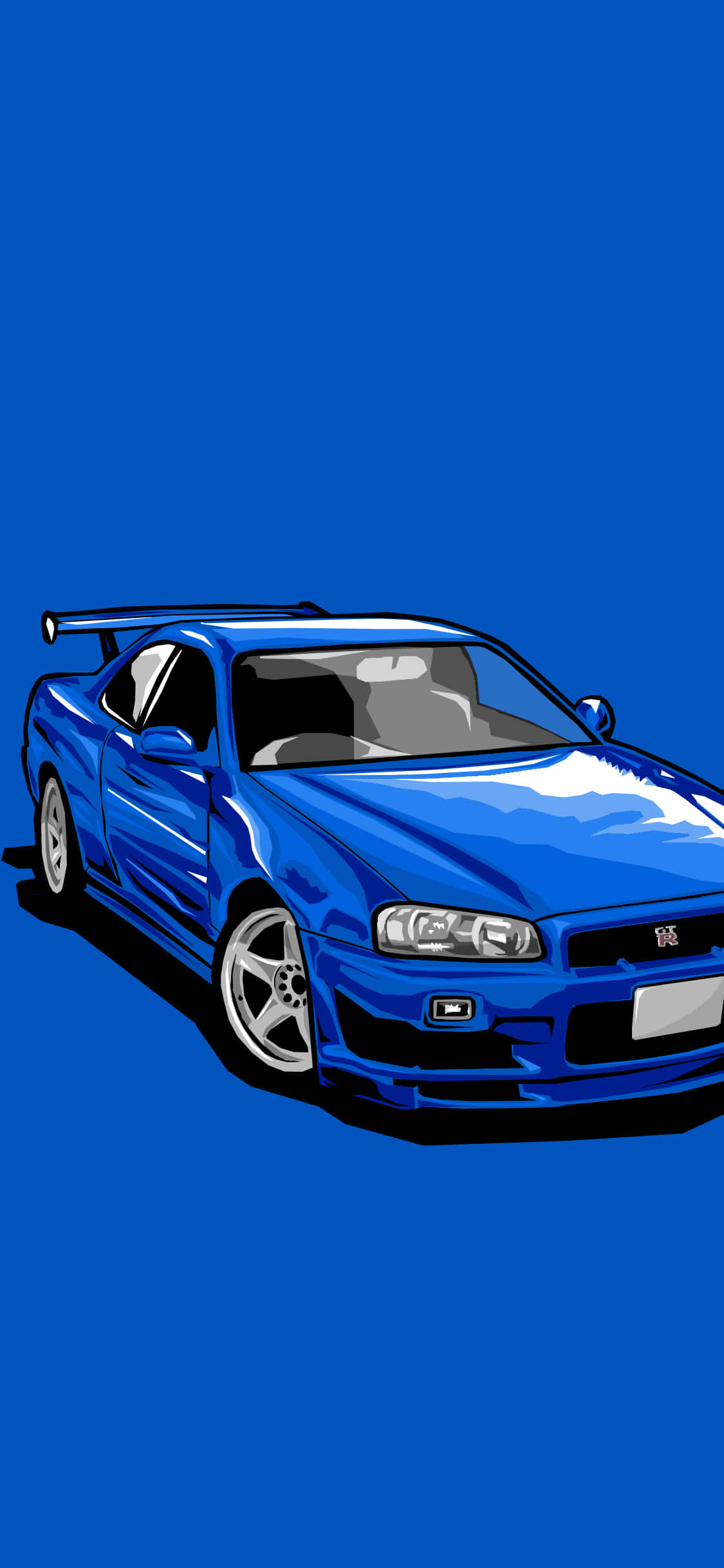 Blue Car 桌布 壁紙 — 一輛充滿活力的藍色跑車，帶有後擾流板和銀色輪圈，在純藍色背景上脫穎而出。