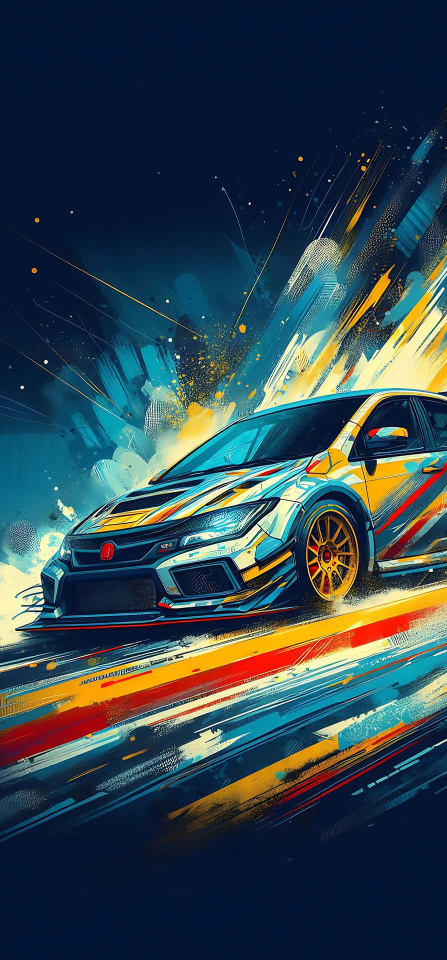 Car Arte 03 壁紙 — 一輛充滿活力的賽車在宇宙隧道中疾馳，周圍爆發出黃色、橙色和藍色的光條。