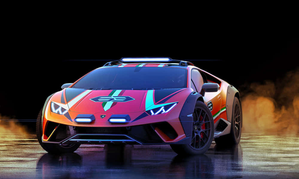 Cool Lamborghinis 桌布 壁紙 — 一輛充滿活力的霓虹燈跑車，帶有幾何圖案，在潮濕反光的道路上穿過煙霧瀰漫的夜晚場景。