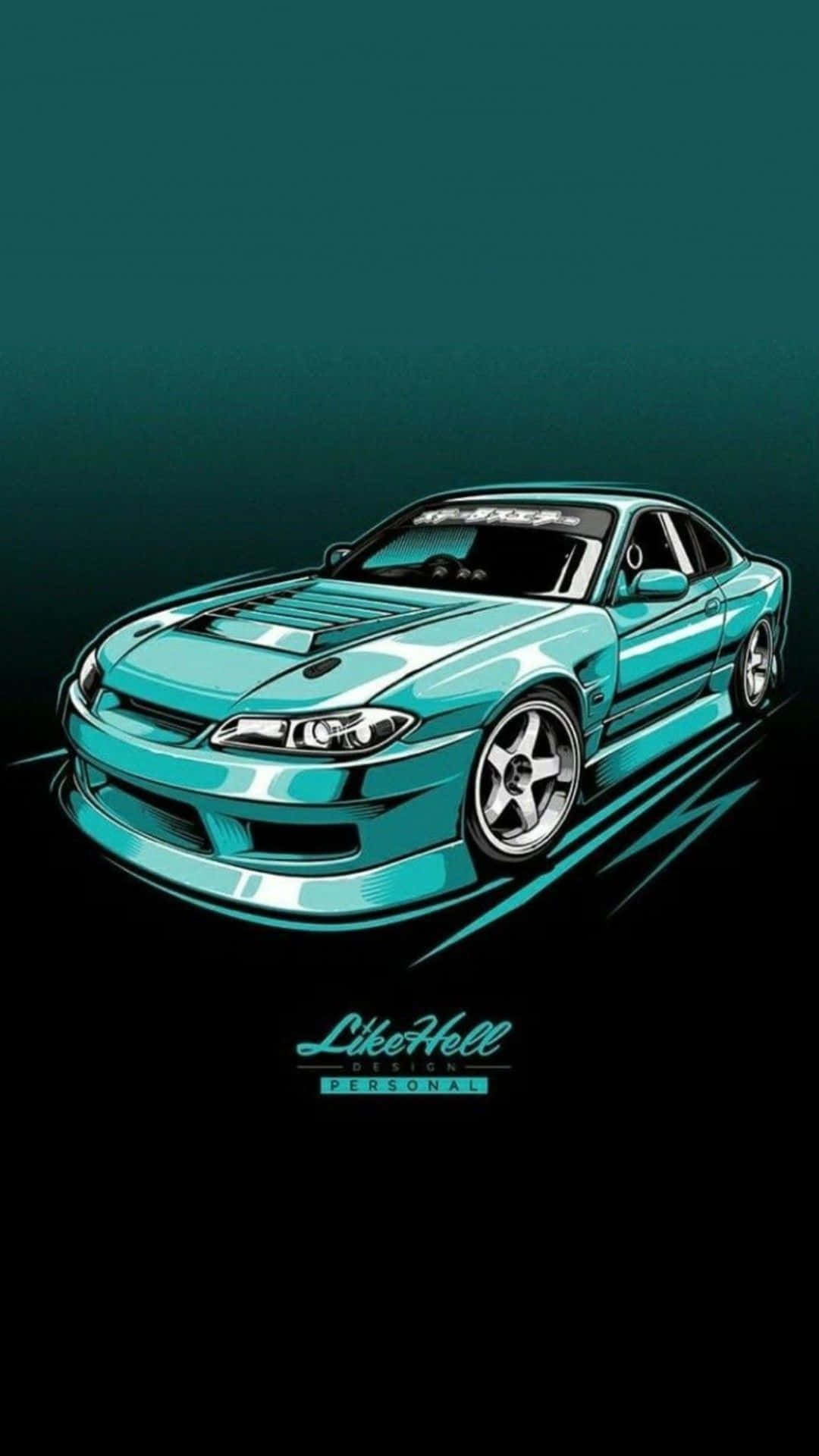 JDM 桌布 壁紙 — 一輛充滿活力的青綠色跑車，配備定制輪圈和空氣動力學車身線條，在深色漸變背景上飛馳。