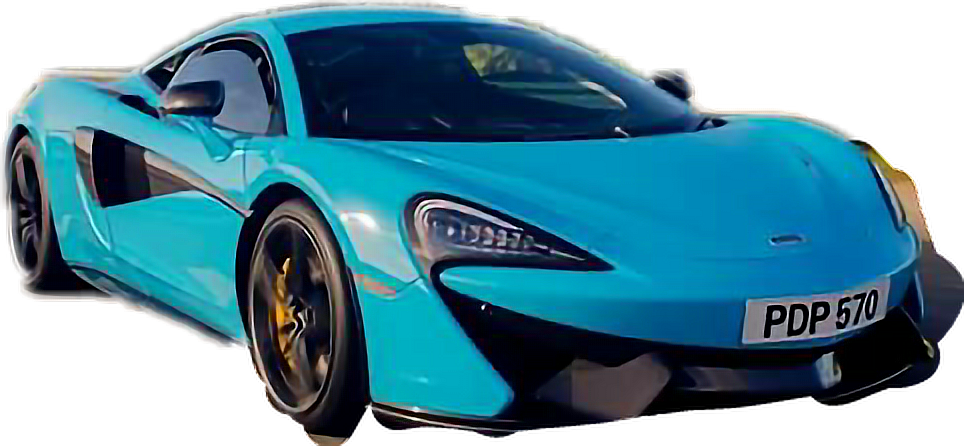 麥拉倫 桌布 壁紙 — 一輛充滿活力的青色McLaren跑車，帶有黑色飾件和金色制動卡鉗，在透明背景上以側面展示。