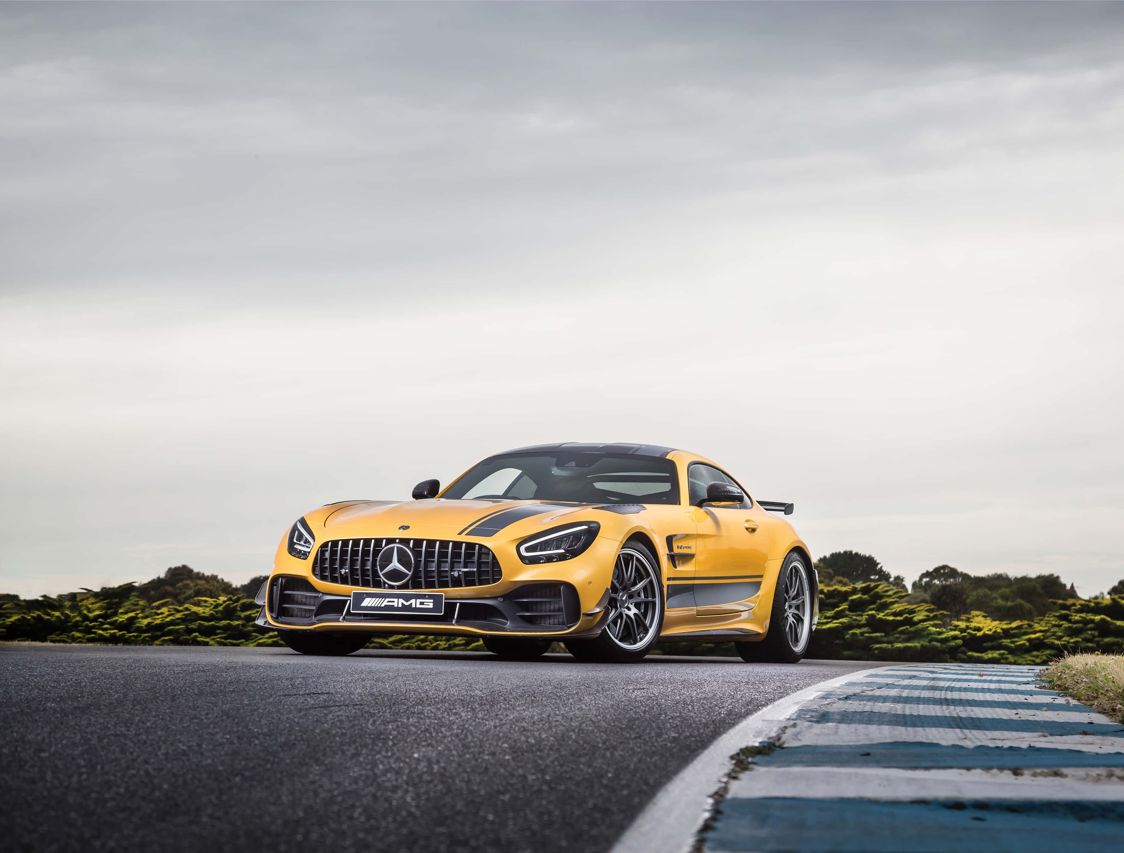 Mercedes 桌布 壁紙 — 一輛充滿活力的黃色 Mercedes-AMG GT R 跑車停在賽道上，背景是模糊的綠色植物和陰天。