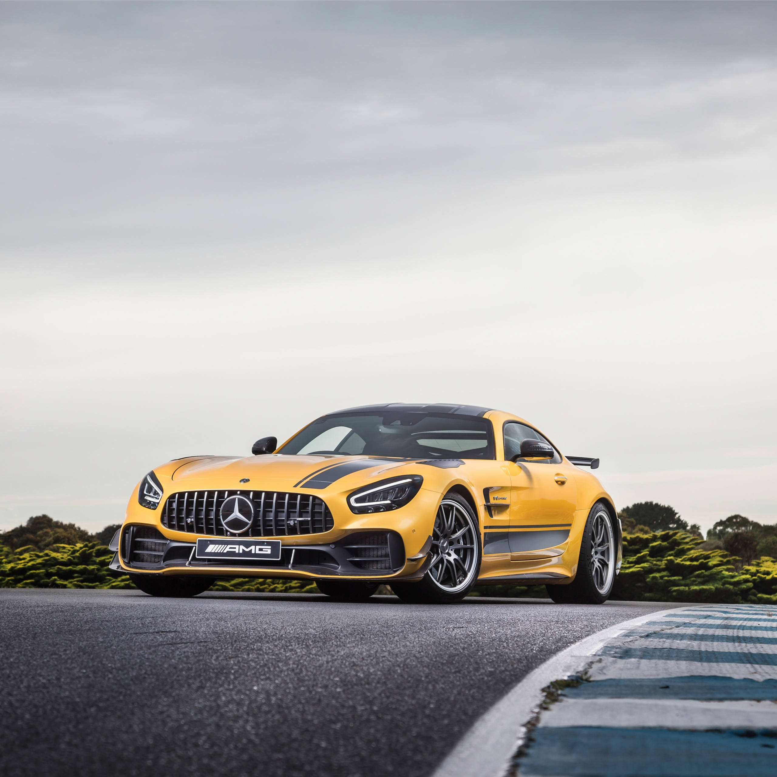 跑車 桌布 壁紙 — 一輛充滿活力的黃色 Mercedes-AMG GT R 跑車，在陰天下的賽道上蓄勢待發。