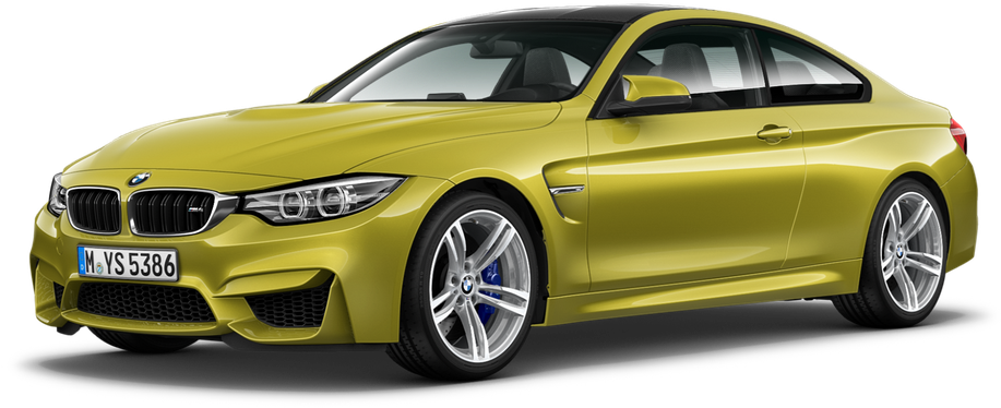 BMW 動圖 桌布 壁紙 — 一輛充滿活力的黃色BMW M4雙門轎跑車，配備銀色輪圈和藍色制動卡鉗，在工作室燈光下展示。