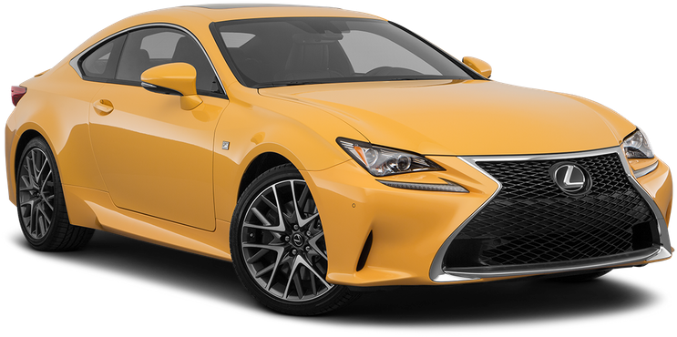 凌志 桌布 壁紙 — 一輛充滿活力的黃色Lexus雙門轎跑車，線條流暢，配備黑色合金輪圈，在攝影棚燈光下展示。