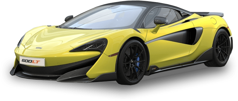 麥拉倫 桌布 壁紙 — 一輛充滿活力的黃色McLaren 600LT跑車，帶有黑色飾邊和藍色制動卡鉗，側面展示在透明背景上。