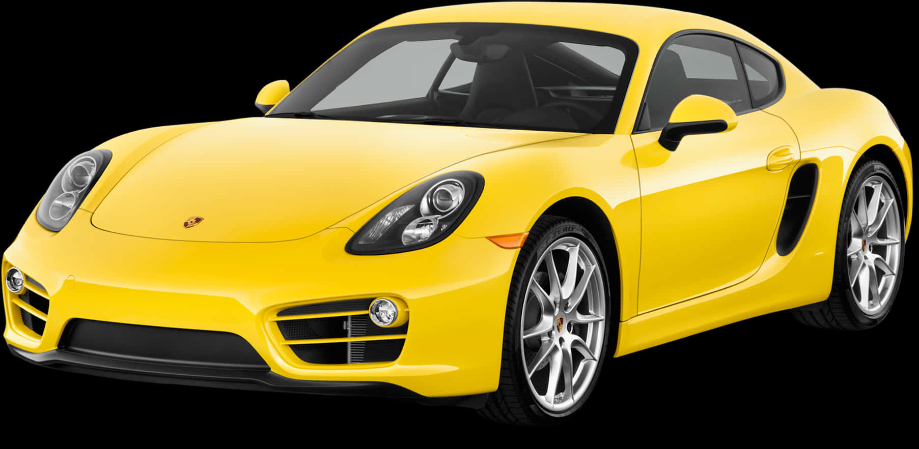 cars 桌布 壁紙 — 一輛充滿活力的黃色保時捷Cayman跑車，線條流暢，配以銀色輪圈，在純黑色背景下格外突出。