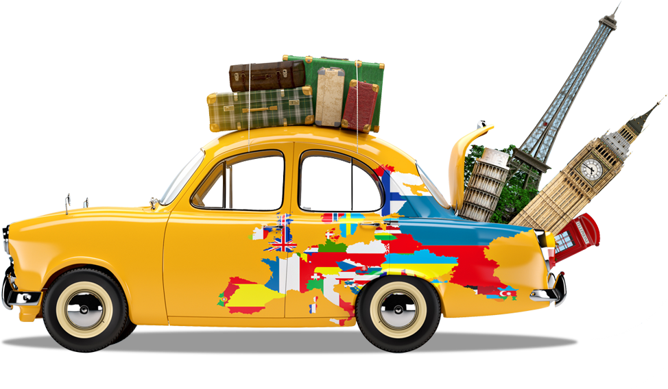 旅行 桌布 壁紙 — 一輛充滿活力的黃色復古計程車，裝滿行李箱並擠滿歐洲地標和旗幟。