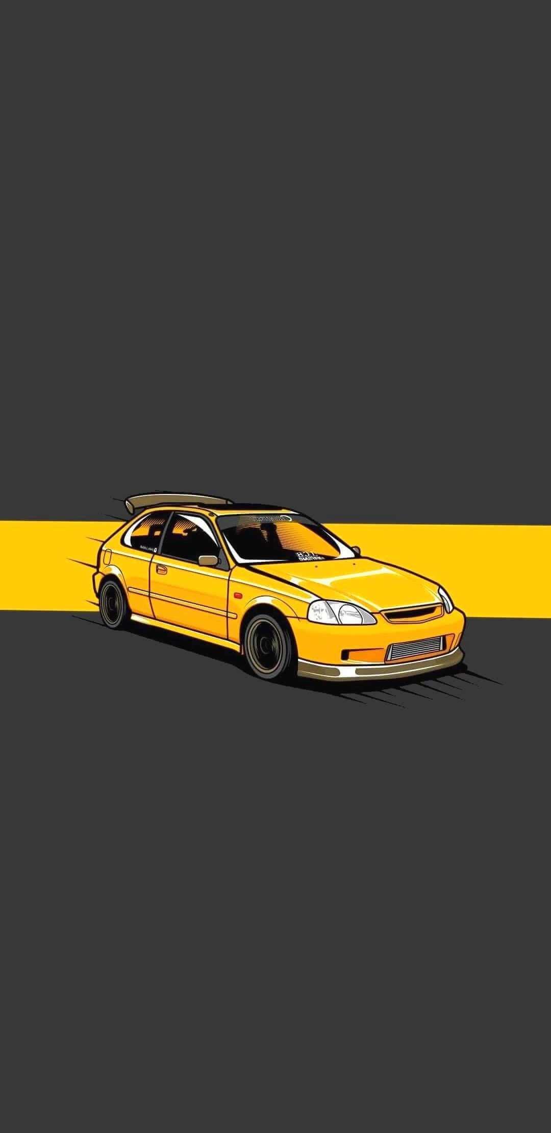 JDM 桌布 壁紙 — 一輛充滿活力的黃色改裝跑車在深灰色背景上飛馳過一條大膽的黃色條紋。