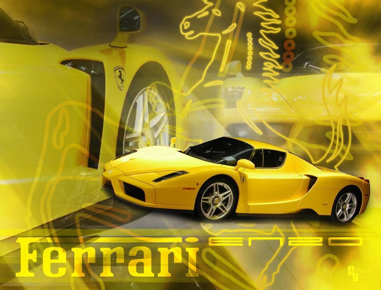 Ferrari Enzo 桌布 壁紙 — 一輛充滿活力的黃色法拉利Enzo跑車在動態金色光芒下閃耀，帶有發光的馬和賽道疊加效果。