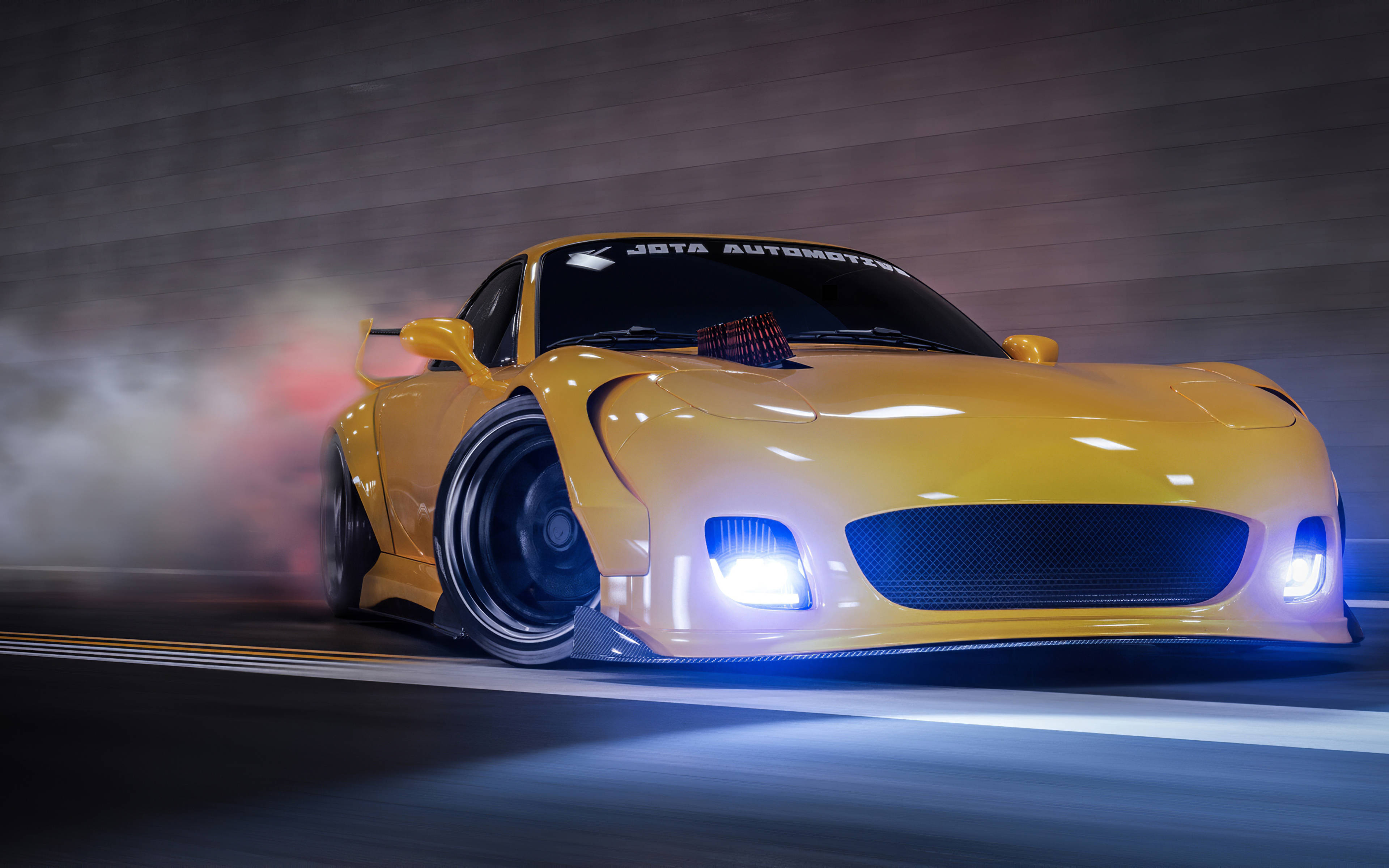 drifting 桌布 壁紙 — 一輛充滿活力的黃色甩尾車，帶著發光的藍色車頭燈，在光線昏暗的隧道中繞過彎角，冒出煙霧。