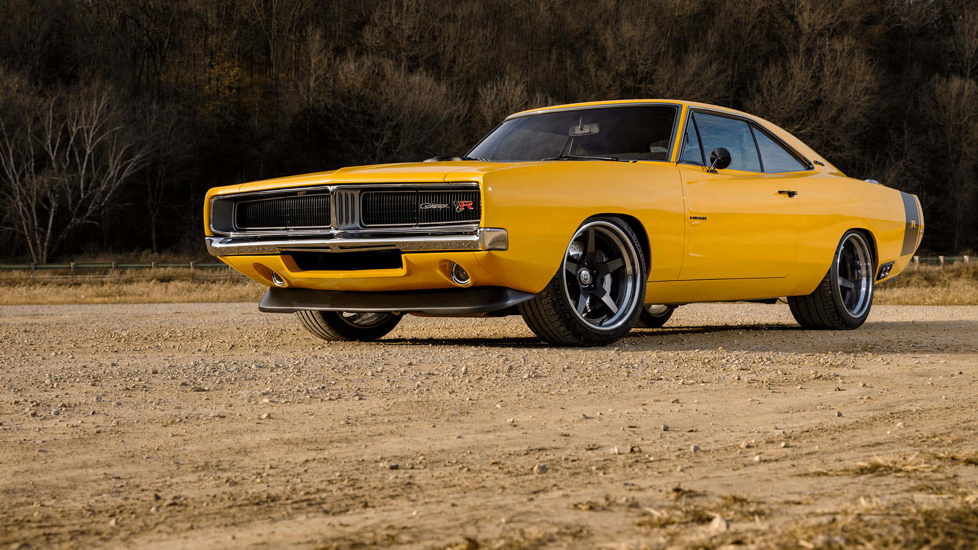 Dodge 桌布 壁紙 — 一輛充滿活力的黃色經典肌肉車，黑色車輪，停在碎石路上，背景是光禿禿的樹木。
