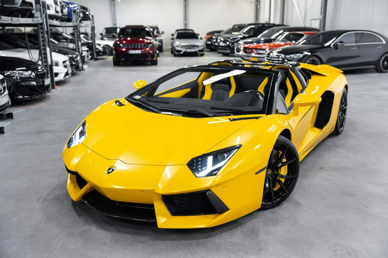 跑車 桌布 壁紙 — 一輛充滿活力的黃色藍寶堅尼Aventador敞篷跑車在明亮燈光下，於時尚現代汽車展示間中閃閃發光。