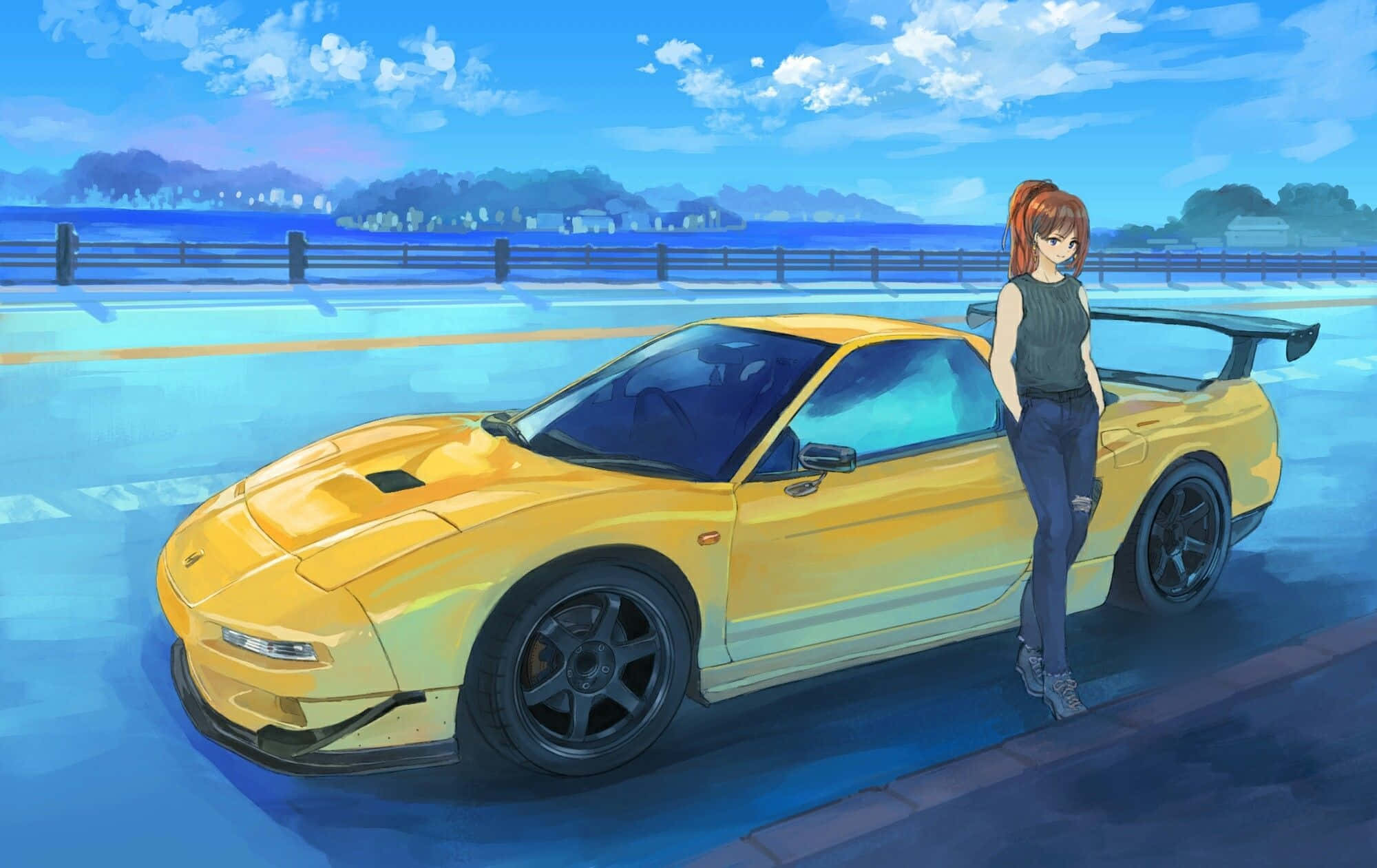 Jdm Art 桌布 壁紙 — 一輛充滿活力的黃色跑車，一個女孩在明亮的藍天下靠在海邊公路上。