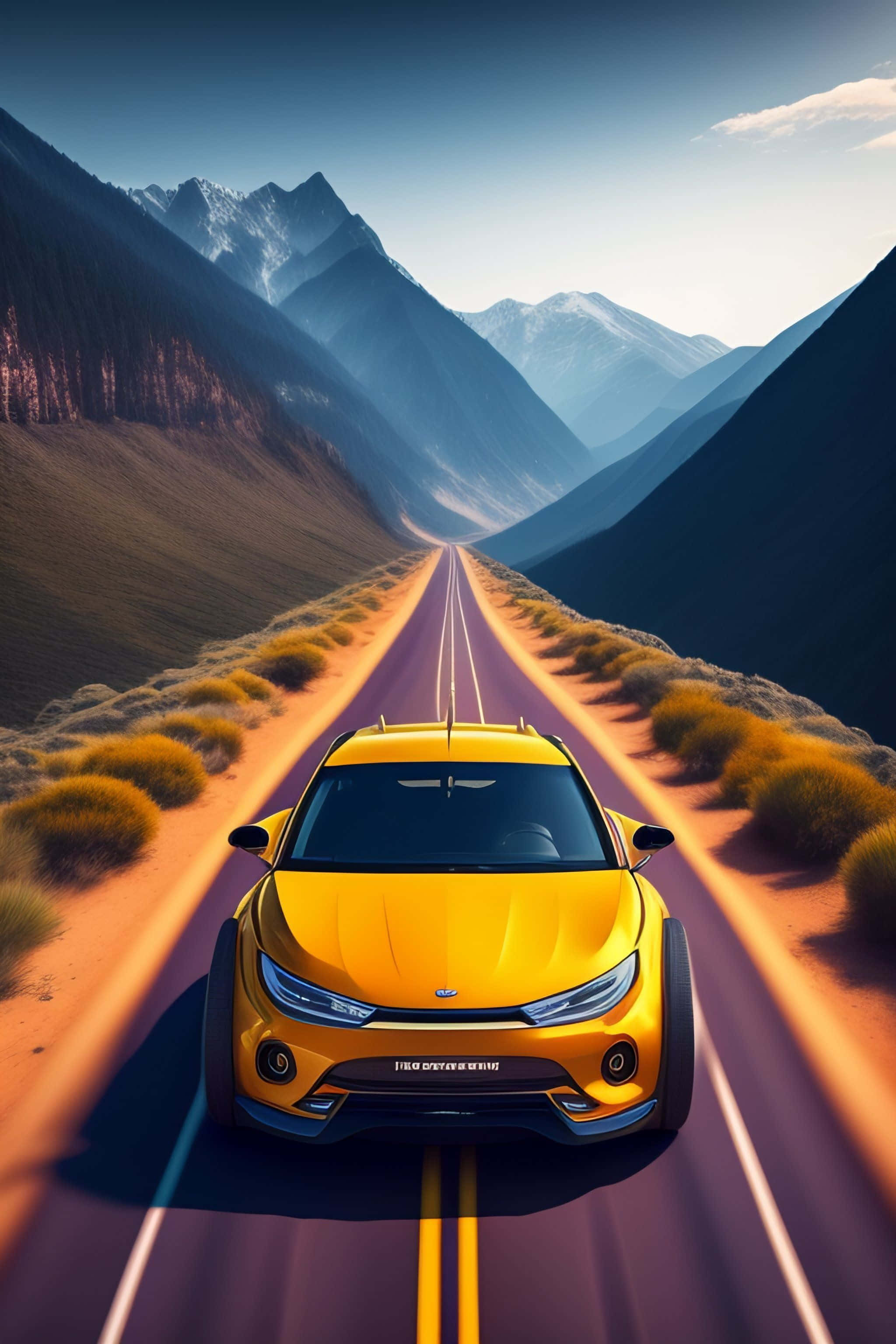Minimalist Car 桌布 壁紙 — 一輛充滿活力的黃色跑車在晴朗的藍天下，沿著蜿蜒的山路疾馳，兩旁是金色的灌木叢和高聳的雪山峰頂。