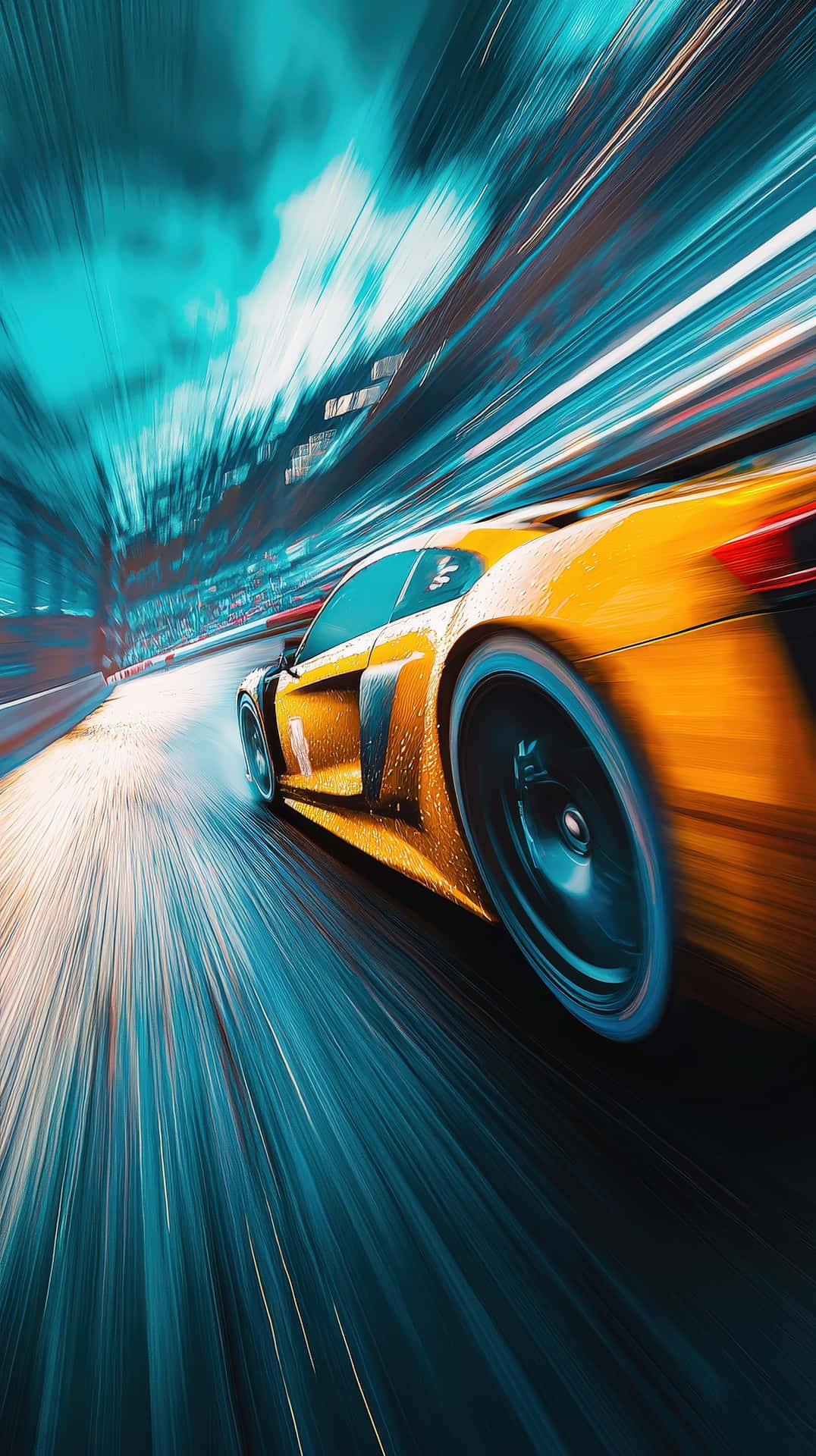 A dynamic motion blur shot of a sleek yellow sports car racing at high speed on a wet track 壁紙 — 一輛充滿活力的黃色跑車在隧道中疾馳，藍色和白色的光條模糊了背景。