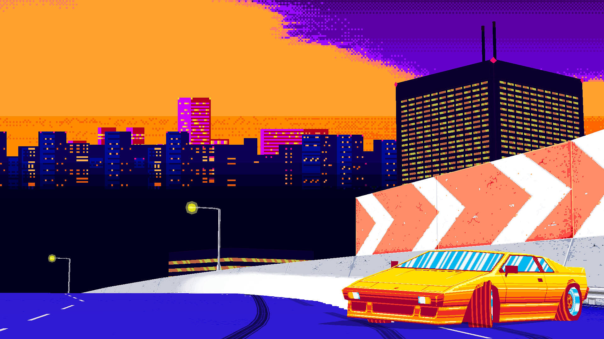 Bit 桌布 壁紙 — 一輛充滿活力的黃色跑車沿著彎曲的道路疾馳，經過發光的城市天際線，在超現實的橙色和紫色天空下。
