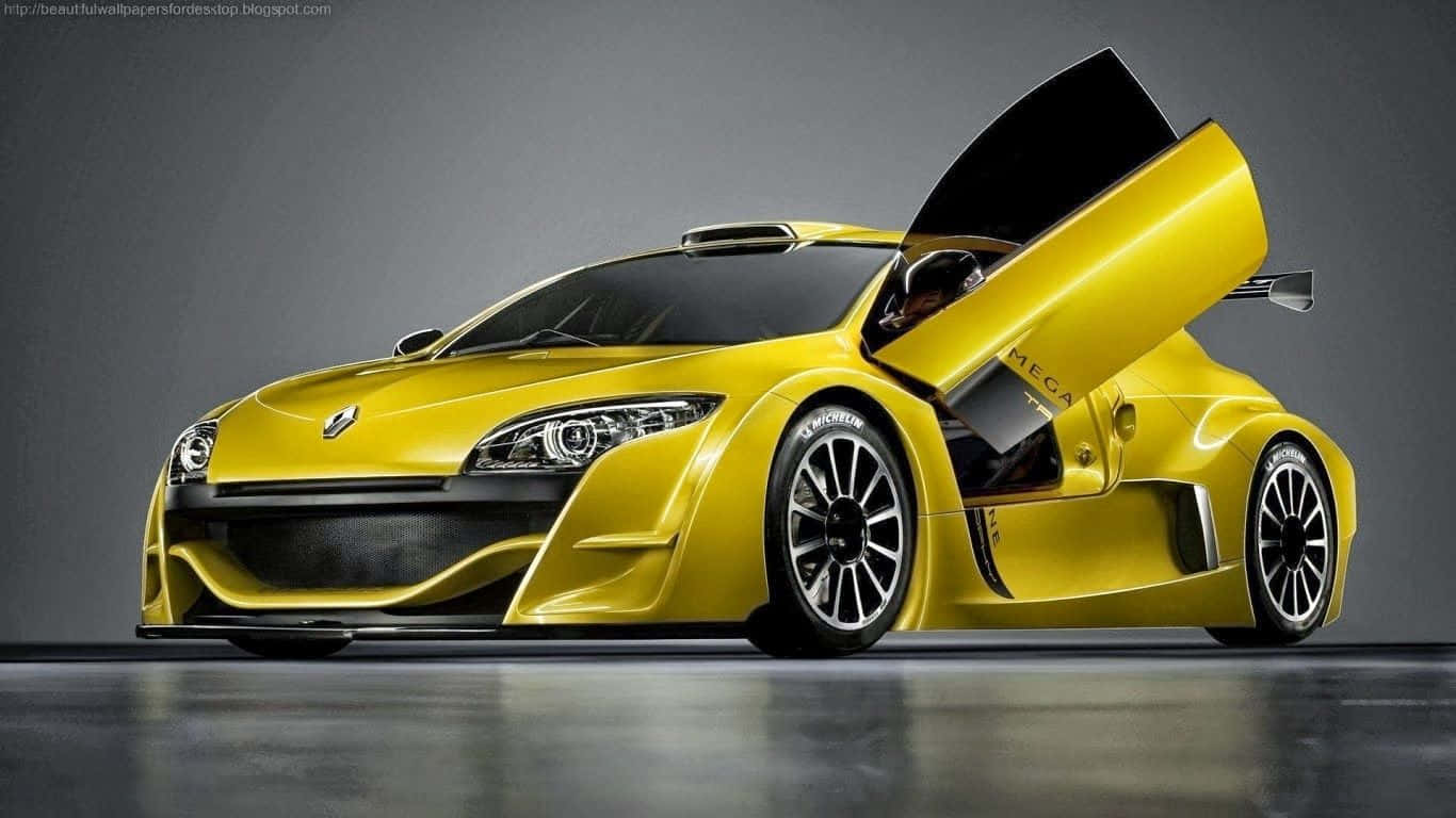 Yellow Car 桌布 壁紙 — 一輛充滿活力的黃色雷諾 MEGANE R.S. 250 概念車，剪刀門打開，在時尚的攝影棚環境中展示。