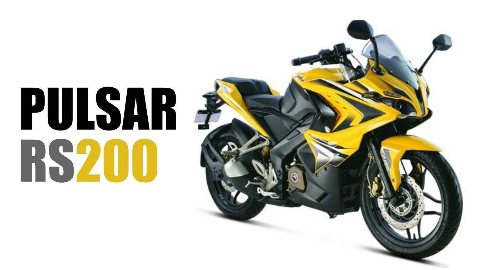 Racing 桌布 壁紙 — 一輛充滿活力的黃黑配色Pulsar RS200運動摩托車，在潔白背景上以粗體文字展示。