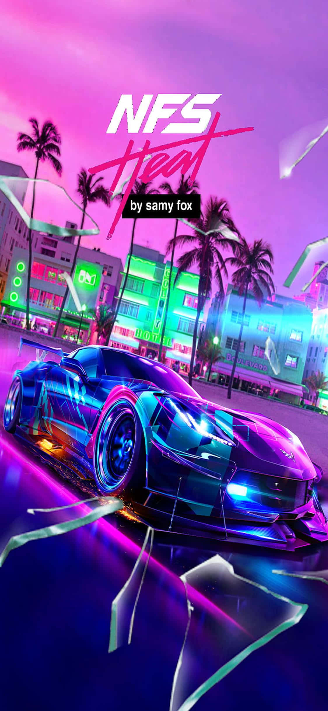 iPhone Xs Need For Speed Heat 桌布 壁紙 — 一輛充滿霓虹燈光的未來主義跑車在粉紫色天空下，穿梭於充滿活力的邁阿密風格城市景觀中。