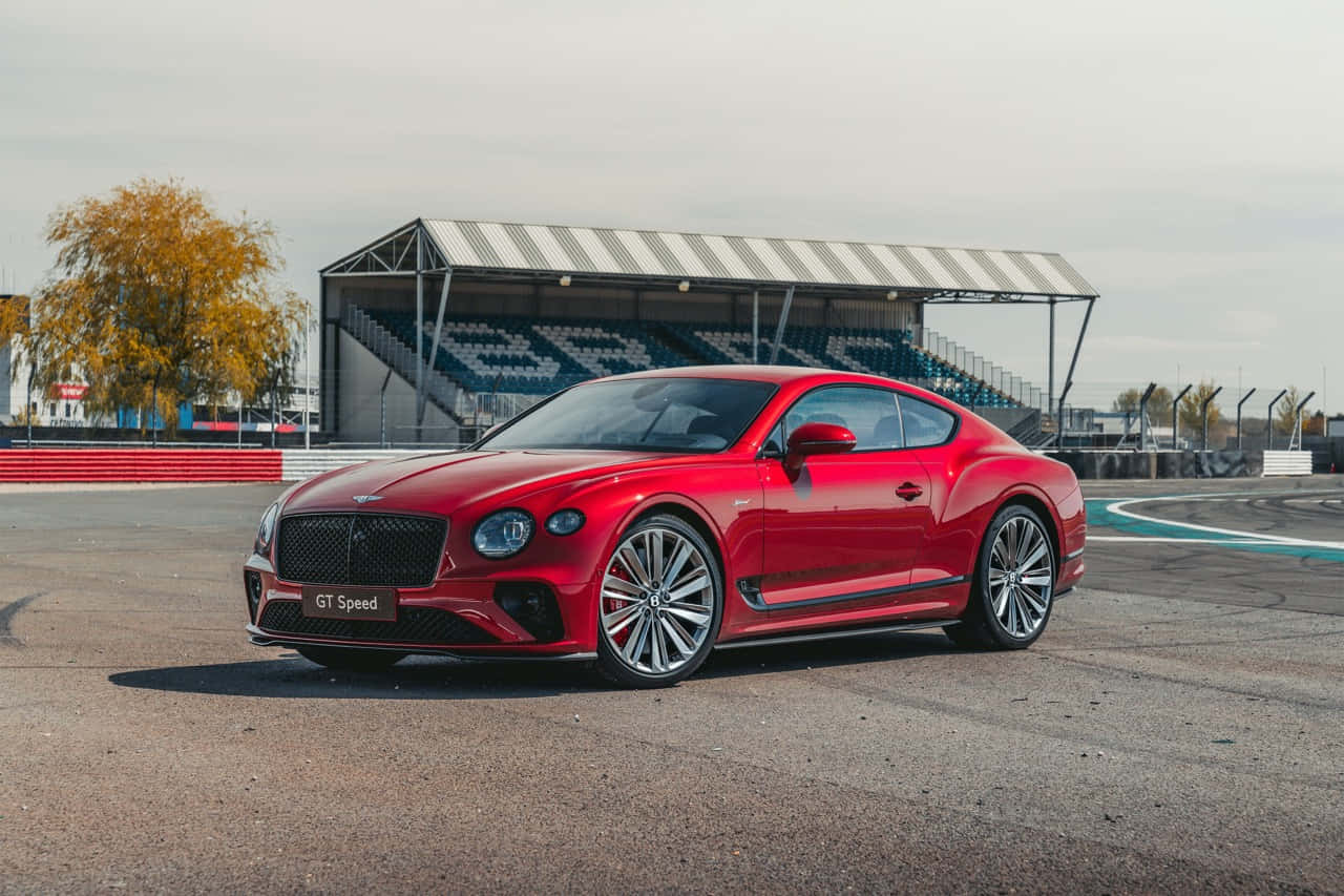 Bentley Continental Gt 桌布 壁紙 — 一輛光亮的紅色Bentley GT Speed雙門跑車停在賽道上，背景有秋樹和看台。