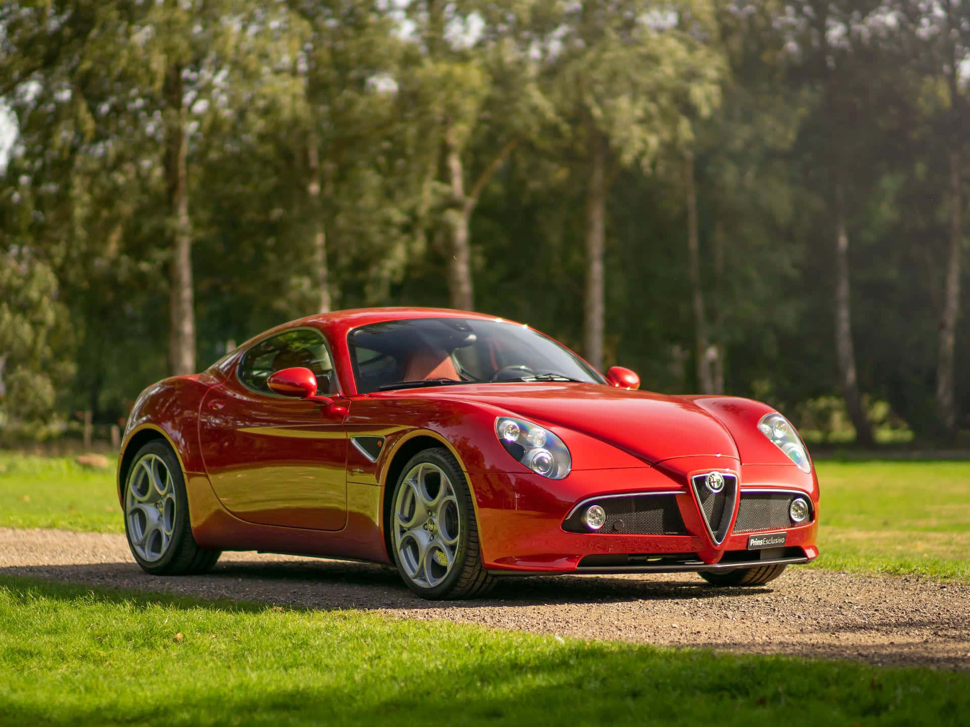 Alfa Romeo 8c Competizione 桌布 壁紙 — 一輛光亮的紅色愛快羅密歐跑車停泊在碎石路上，旁邊是茂密的綠草，背景有樹木。