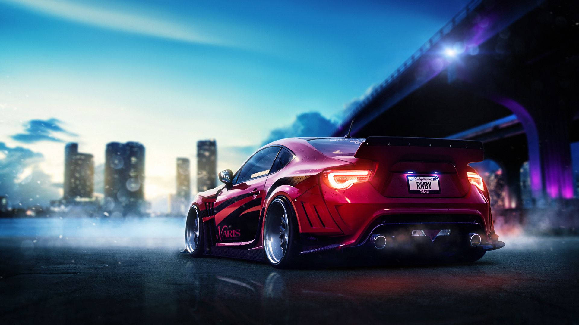 Toyota 桌布 壁紙 — 一輛光亮的紅色改裝跑車在發光的橋下飄移，背景是城市天際線。