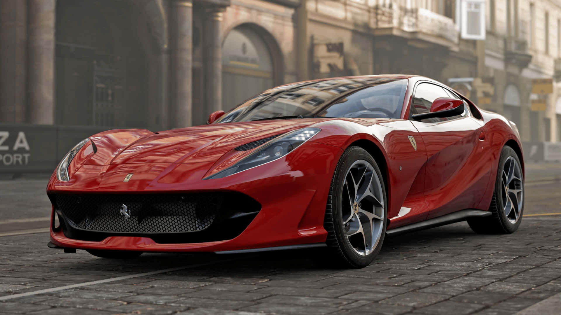 1080p Forza Motorsport 7 桌布 壁紙 — 一輛光亮的紅色法拉利跑車停泊在鵝卵石街道上，背景是歷史建築。