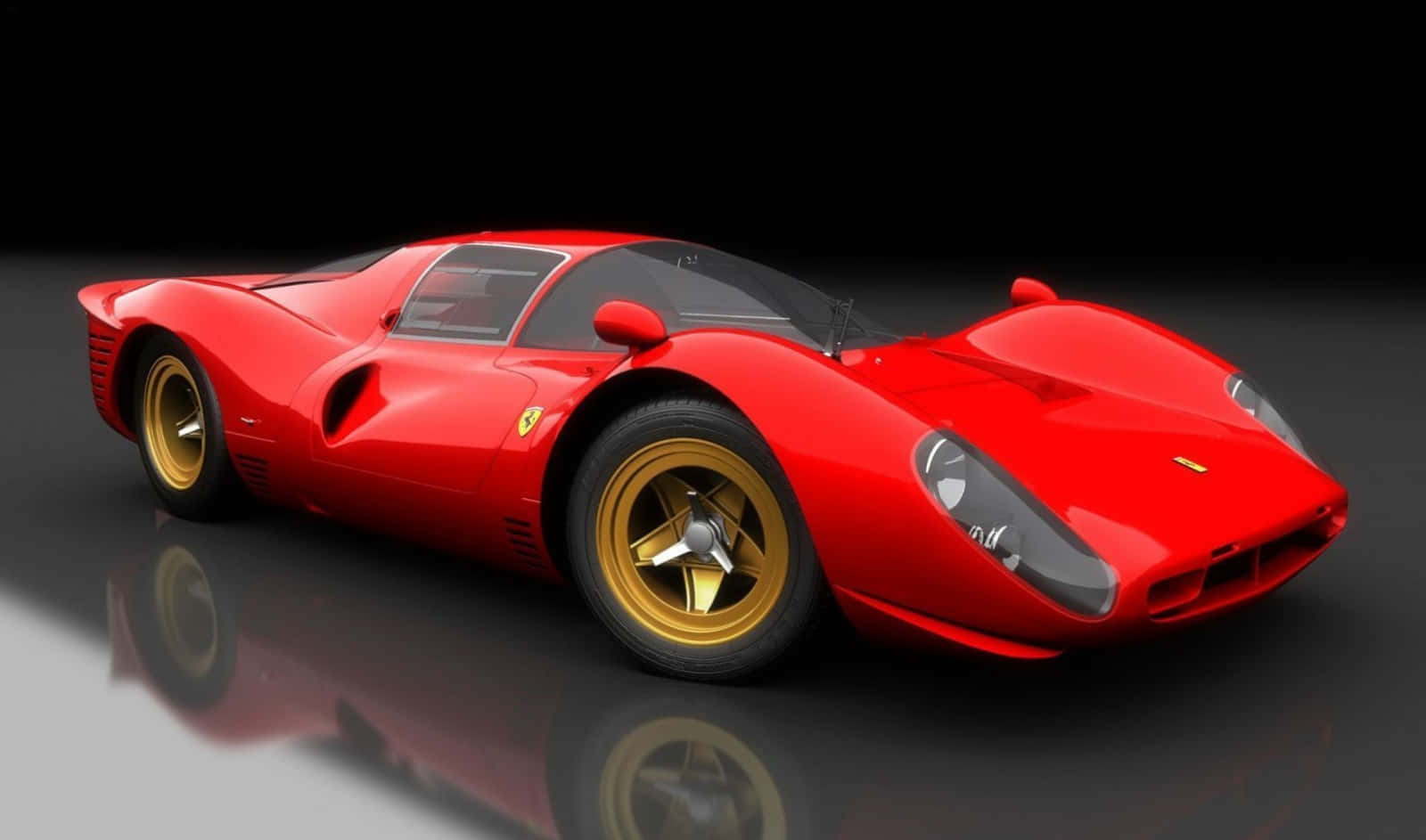 Ferrari 330 桌布 壁紙 — 一輛光亮的紅色法拉利跑車配金色輪圈，停在深色背景前的反光黑色表面上。