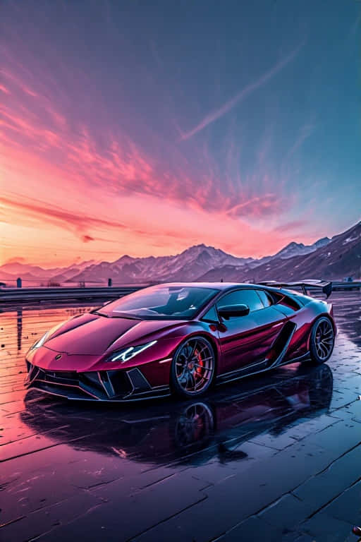 Stunning Lamborghini Car 4K 壁紙 — 一輛光亮的紅色藍寶堅尼 Aventador SVJ 停在濕漉漉的柏油路上，反射著雪山上 vibrant 的粉紅和橙色日落。