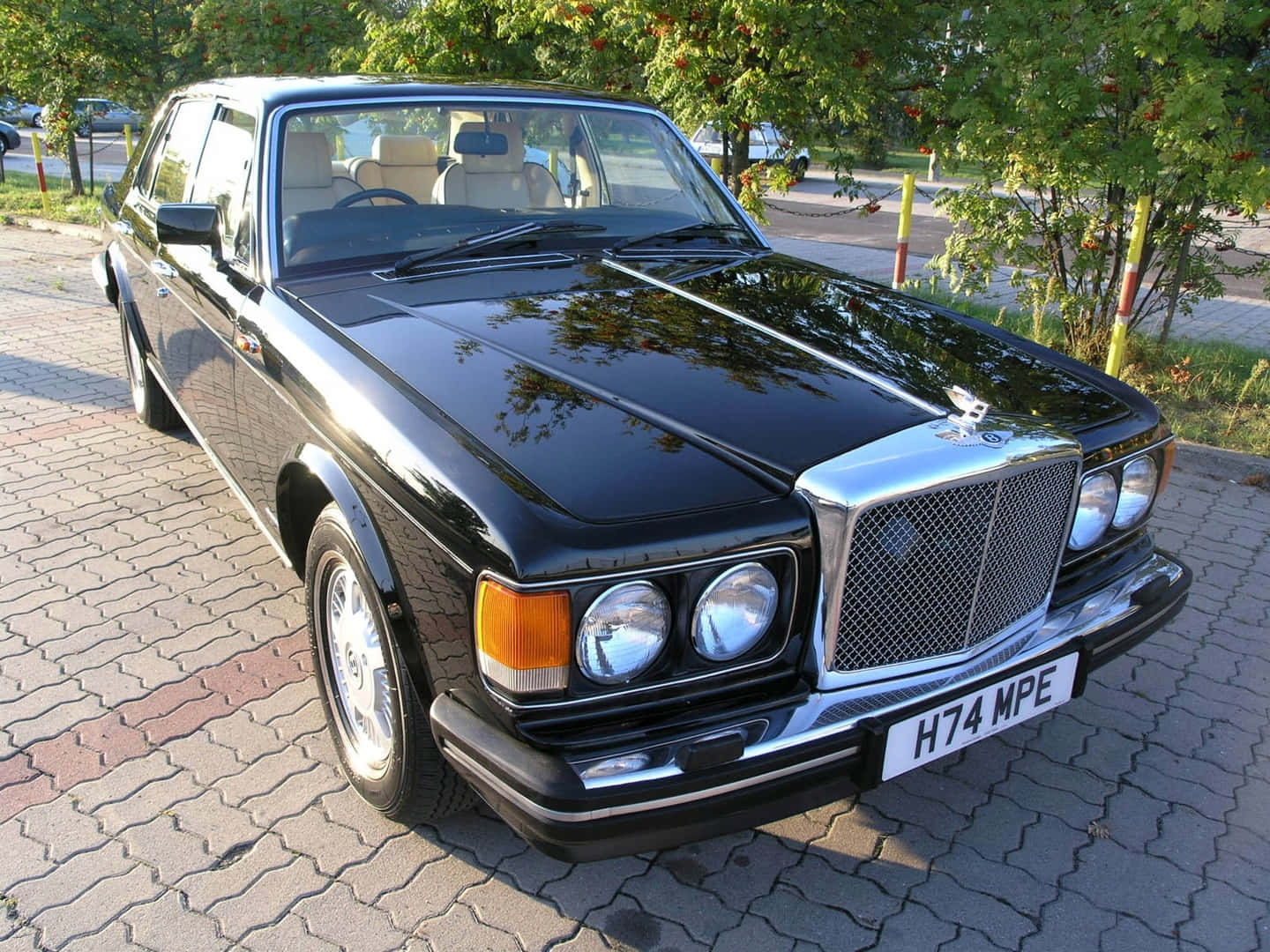 Bentley Eight 桌布 壁紙 — 一輛光亮的黑色梅賽德斯-奔馳轎車停在鋪砌的車道上，周圍環繞著綠樹和秋葉。