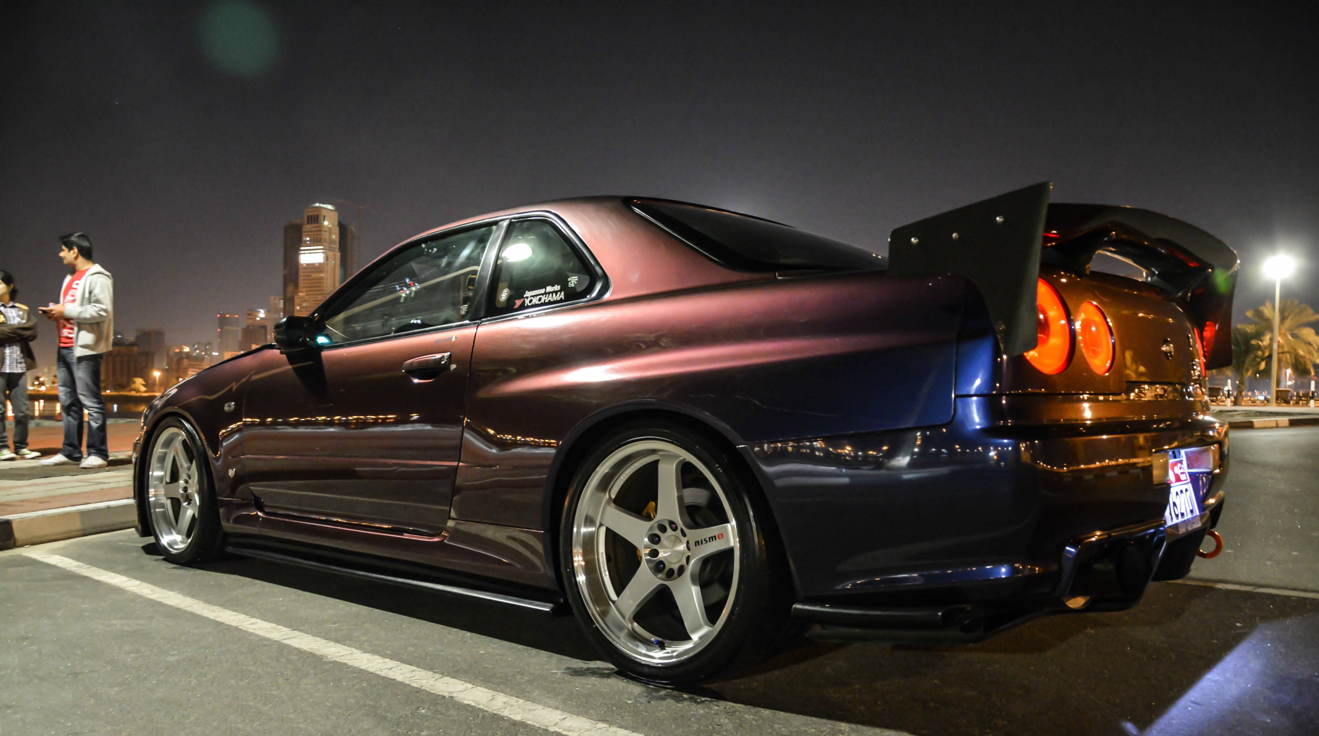 Gtr 桌布 壁紙 — 一輛光澤栗色的日產Skyline R34跑車，帶有升高後翼，夜間停在城市景觀中，附近有發光的燈光和人群。