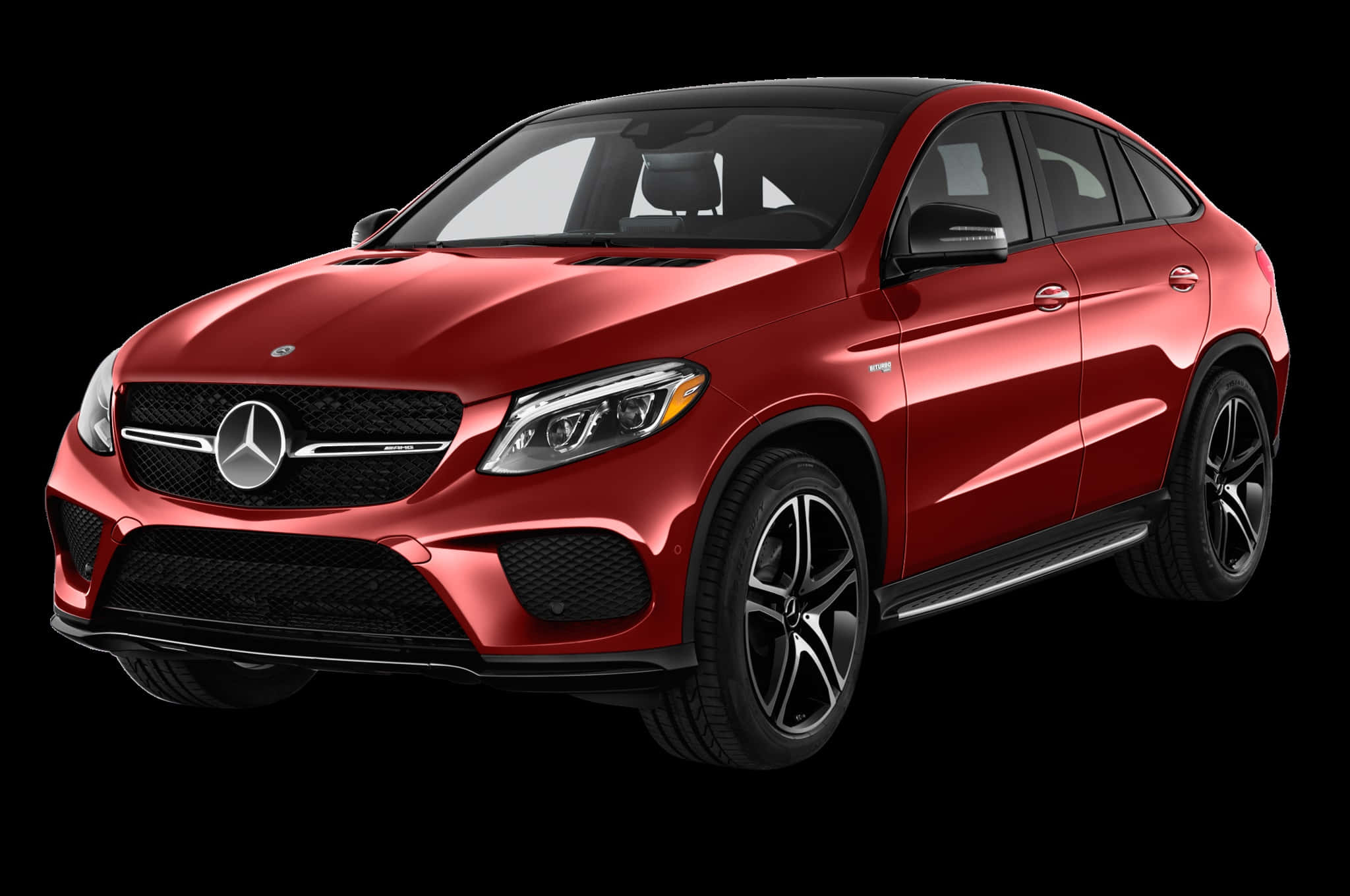 Mercedes Benz Gle-class 桌布 壁紙 — 一輛光澤的紅色 Mercedes-Benz GLE Coupe SUV 在純黑背景上閃耀，展現其時尚現代設計和運動型合金輪圈。