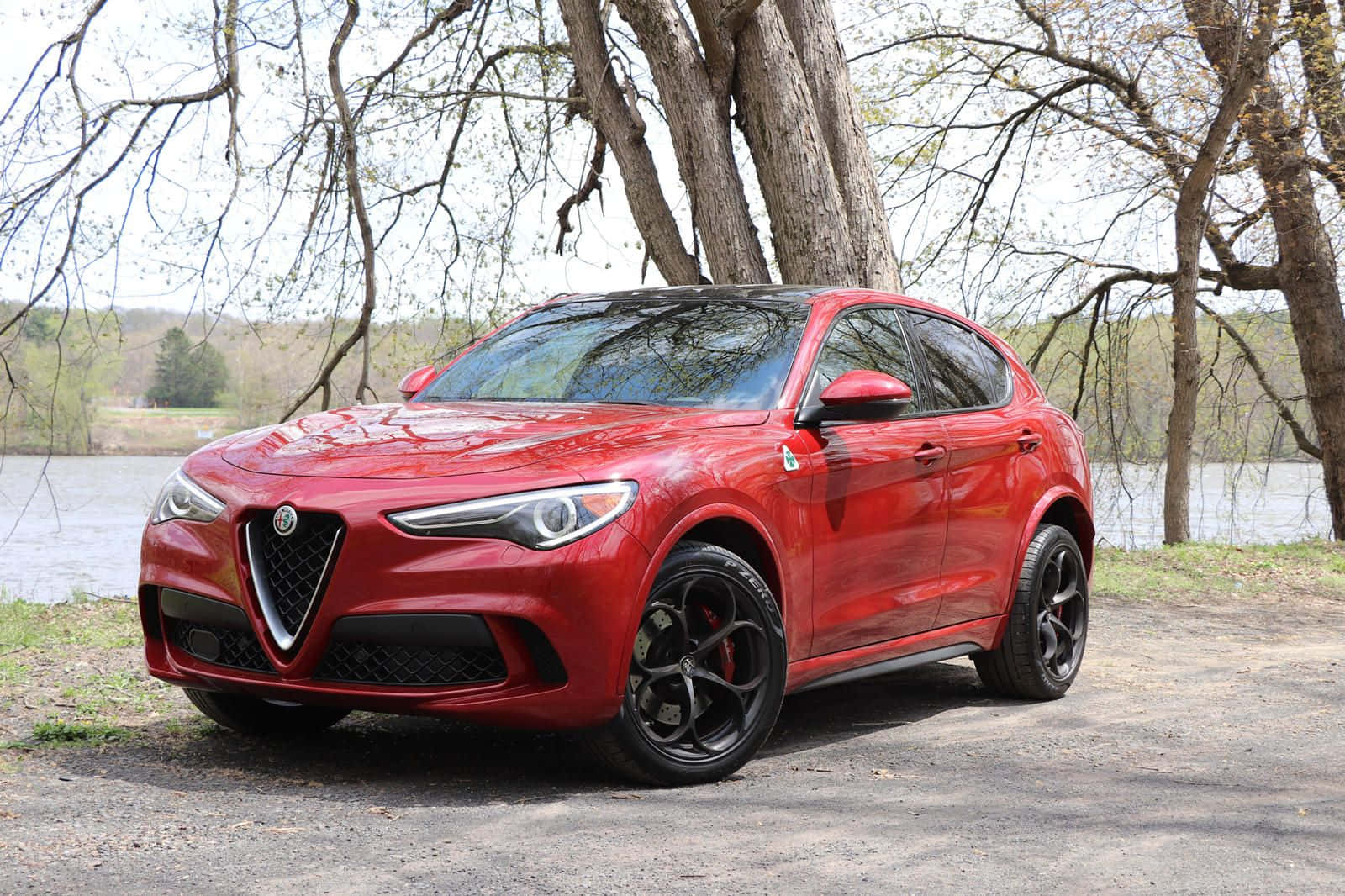 Alfa Romeo Stelvio 桌布 壁紙 — 一輛光澤的紅色Alfa Romeo Stelvio SUV停泊在早春光禿樹木下的湖邊碎石上。
