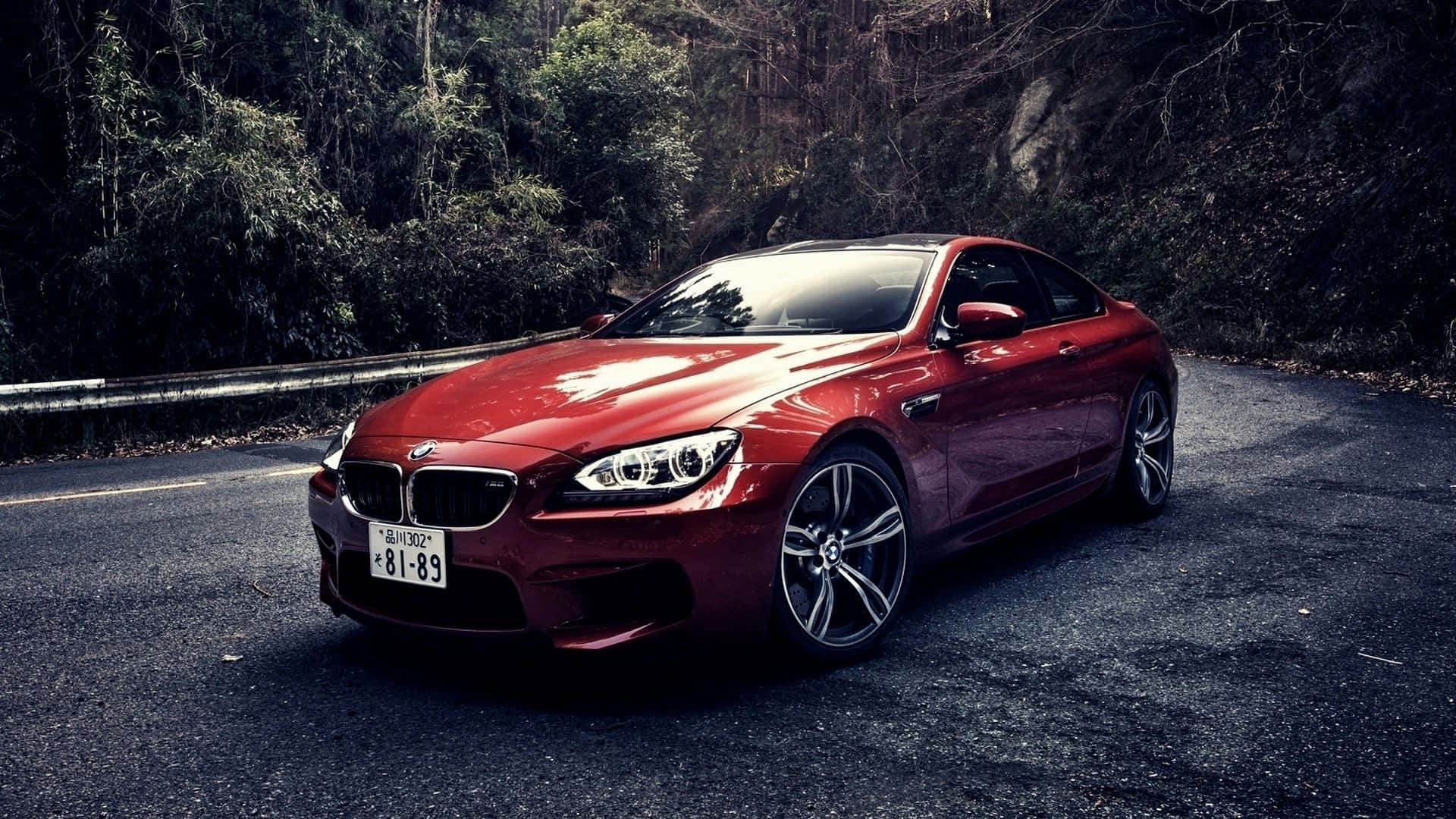 BMW 動圖 桌布 壁紙 — 一輛光澤的紅色BMW M6雙門跑車停泊在蜿蜒的林間道路上，光線營造出氛圍感。