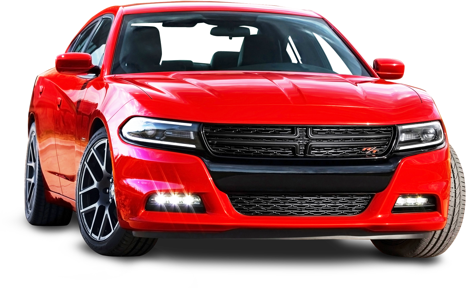 道奇 桌布 壁紙 — 一輛光澤的紅色Dodge Charger RT跑車，配備黑色格柵和銀色輪圈，在黑色背景下的工作室燈光中展示。