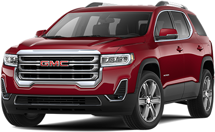 GMC 桌布 壁紙 — 一輛光澤的紅色GMC Acadia SUV在工作室燈光下展示，帶有鍍鉻飾條和合金輪圈。