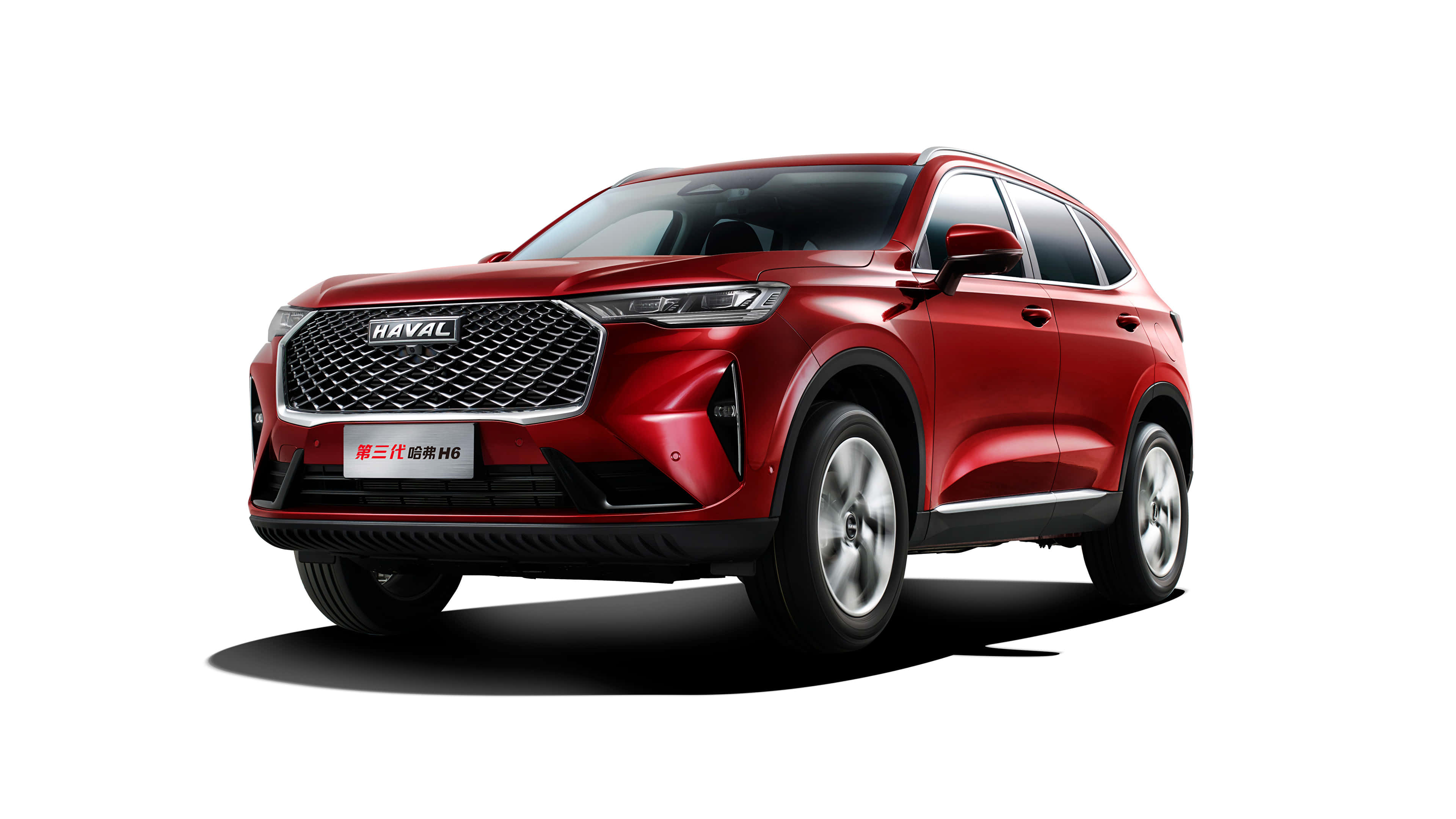 Haval 桌布 壁紙 — 一輛光澤的紅色Haval SUV在工作室燈光下展示，背景為潔淨的白色，帶有微妙的陰影。