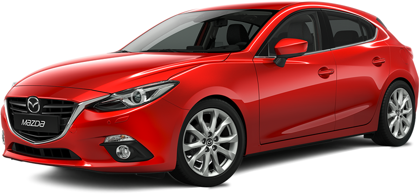 馬自達 桌布 壁紙 — 一輛光澤的紅色Mazda掀背車，在透明背景上以攝影棚燈光展示。