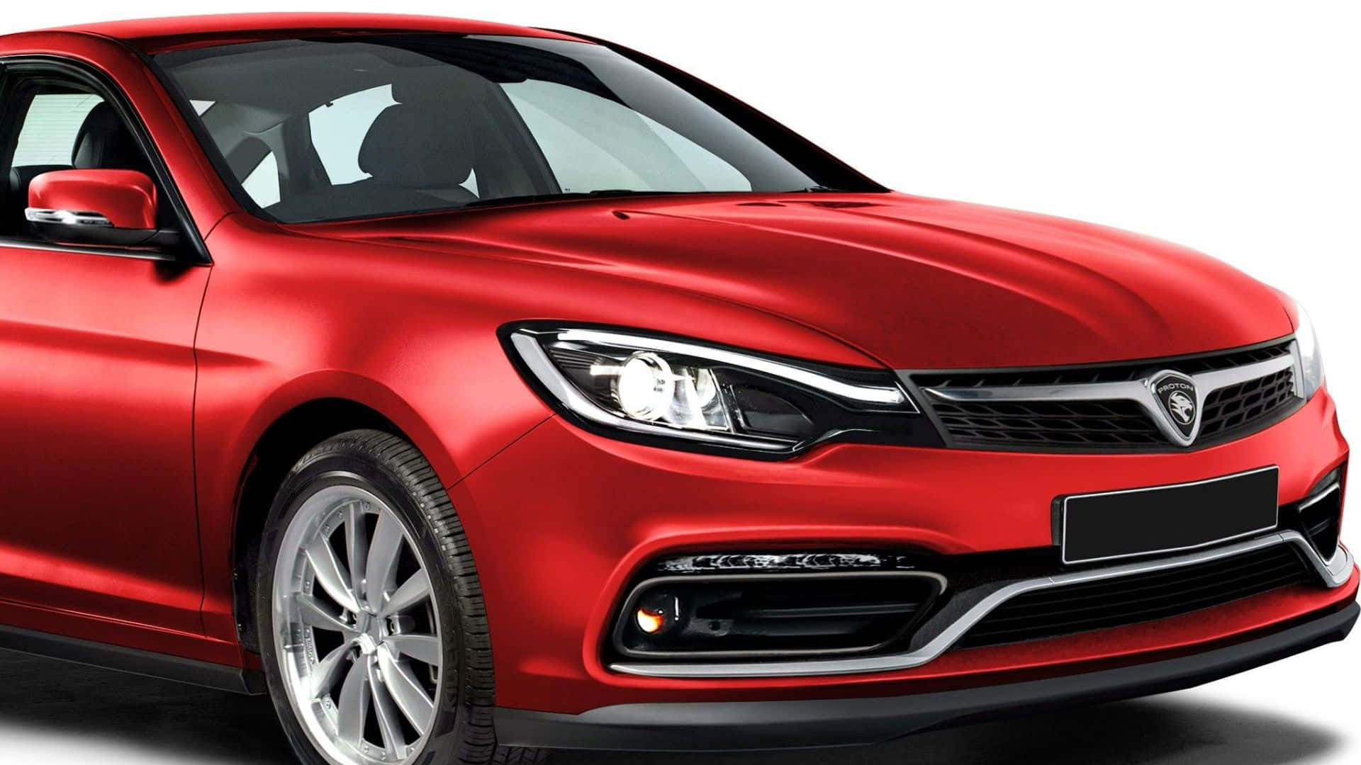 Proton 桌布 壁紙 — 一輛光澤的紅色Proton汽車，在攝影棚拍攝中，銳利的燈光突顯其流線型前臉設計和合金輪圈。