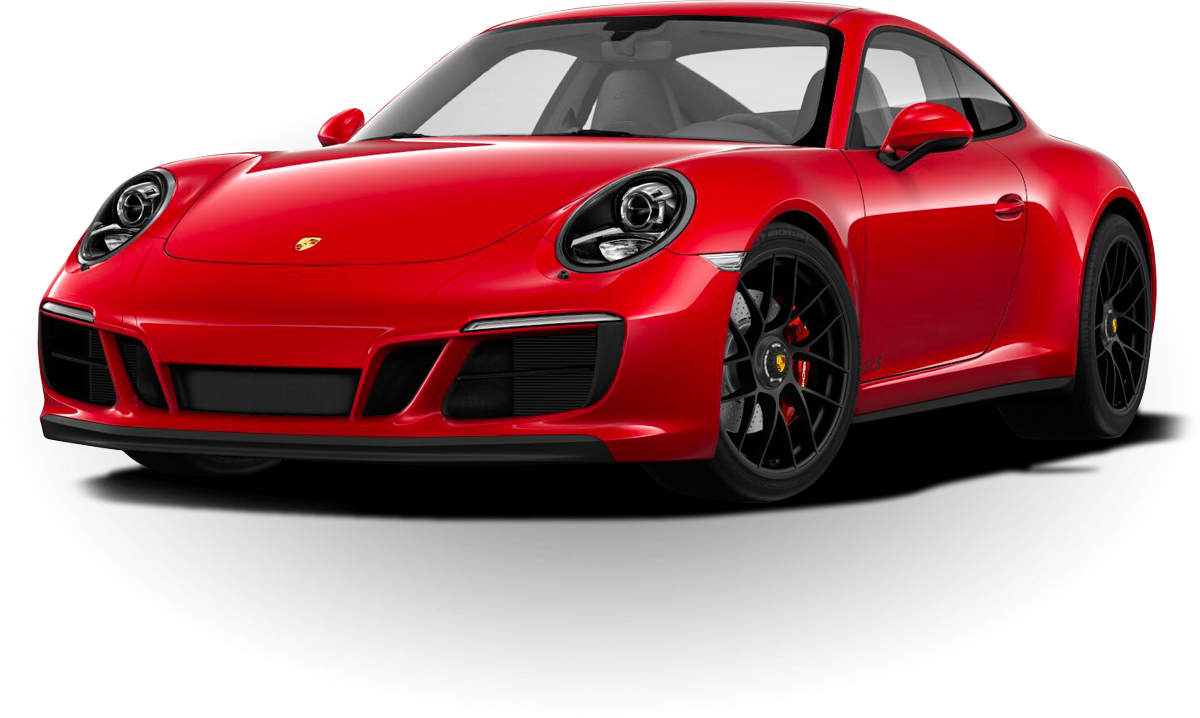 保時捷 桌布 壁紙 — 一輛光澤的紅色保時捷911 GT3 RS跑車，帶有黑色車輪和賽車條紋，位於灰色圓形平台上。