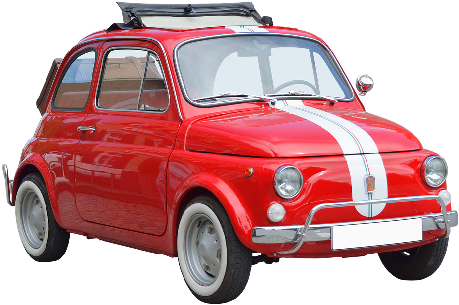 飛雅特 桌布 壁紙 — 一輛光澤的紅色復古Fiat 500，帶有白色賽車條紋和車頂行李架，在純色背景上脫穎而出。