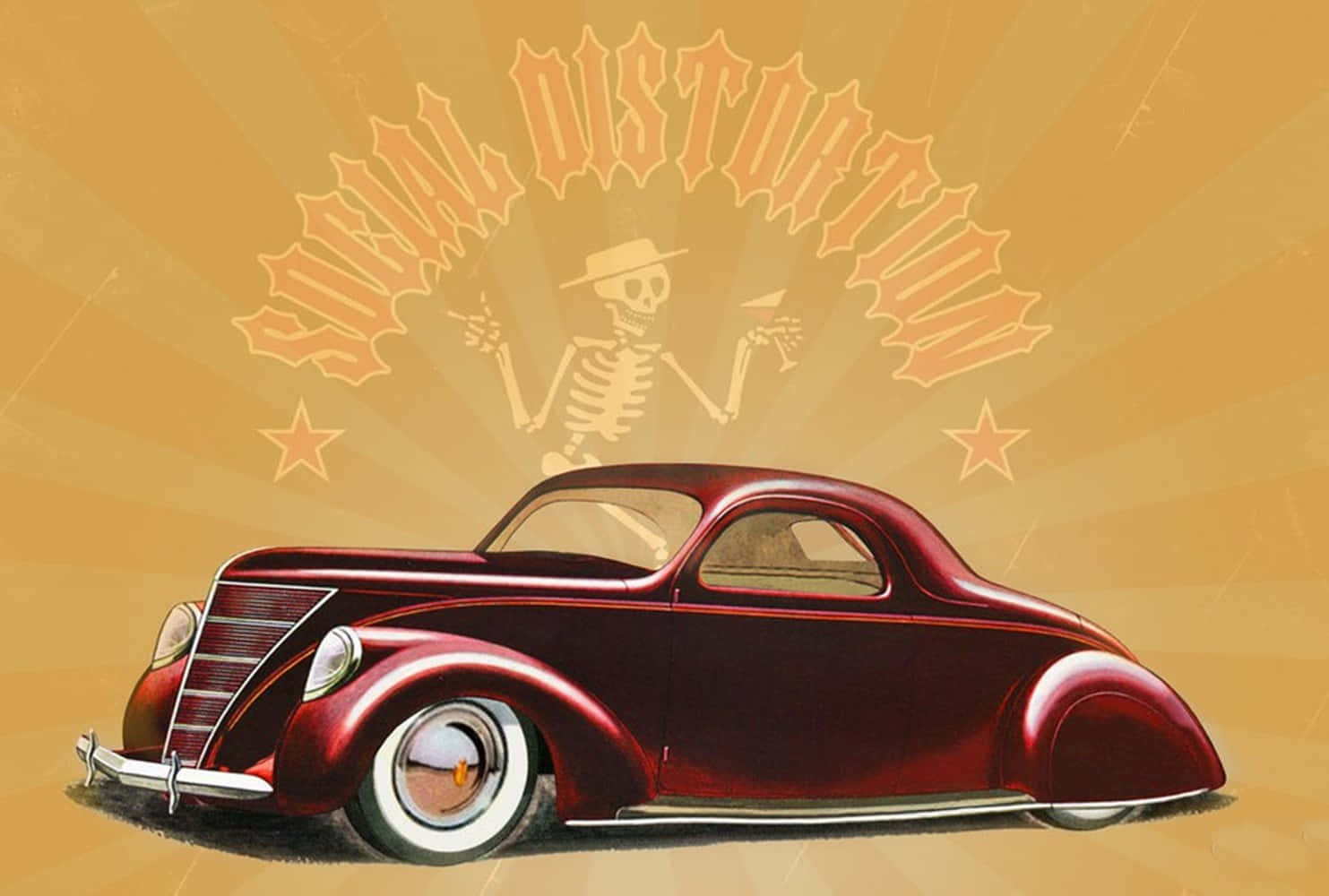 Retro 桌布 壁紙 — 一輛光澤的紅色復古熱棒車，車上有一位戴著軟呢帽的骷髏司機，背景是帶有光芒的「Social Distortion」標誌。
