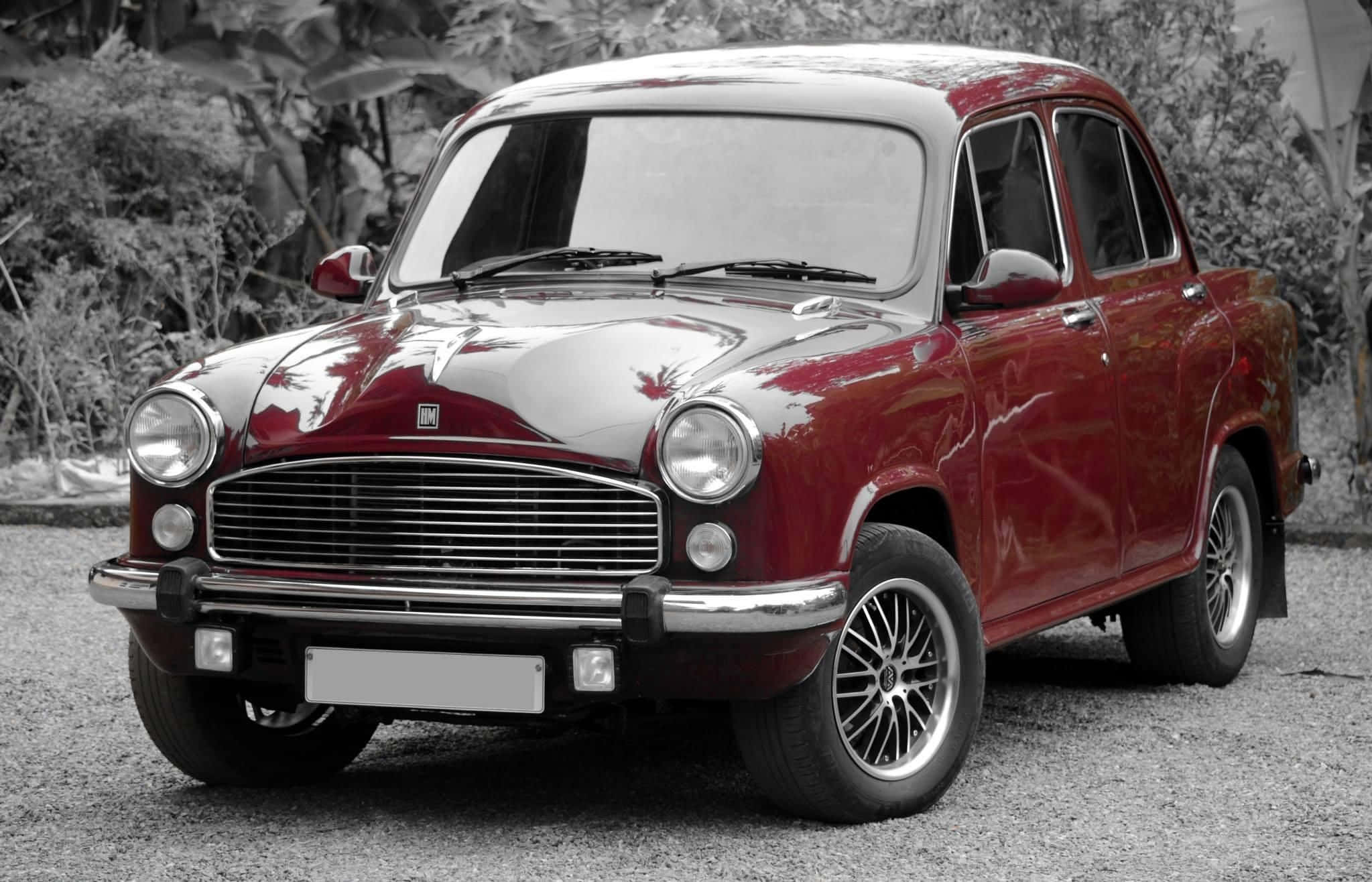 Hindustan Motors 桌布 壁紙 — 一輛光澤的紅色復古車帶有鍍鉻裝飾，在黑白花園背景下脫穎而出。